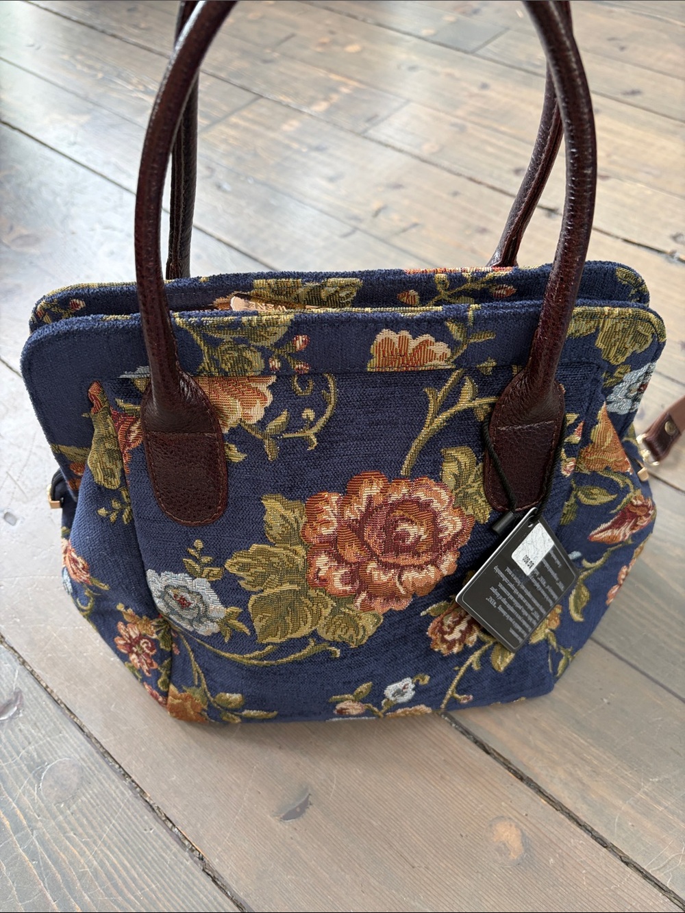 Floral Navy Tapestry Tote with Brown Leather Handles BY WENZ